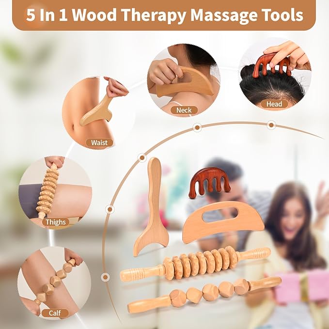5 in 1 Wood Therapy Massage Tools Lymphatic Drainage Massager Maderoterapia Kit Wooden Massager Body Sculpting Tools for Muscle Pain Relief, Anti-Cellulite, Body Contouring and Shaping