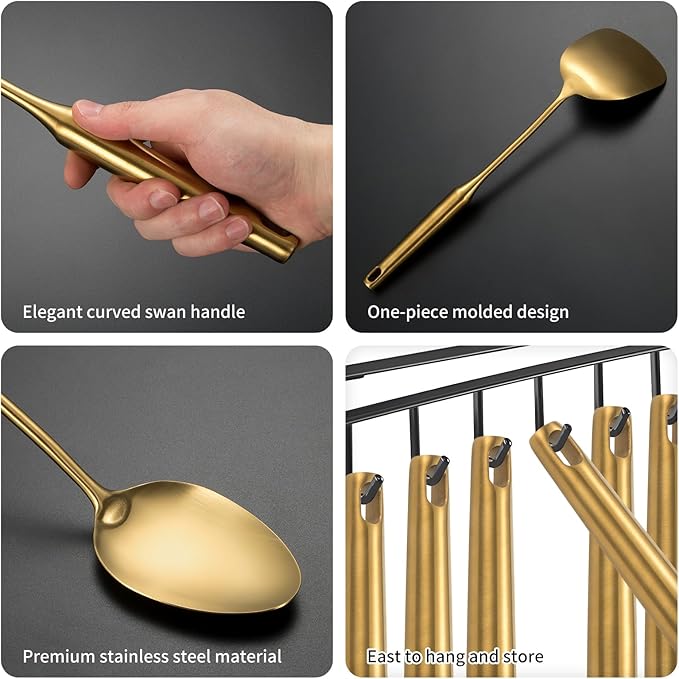 304 Stainlss Steel Matte Kitchen Utensils Set, 11 Pcs Long Metal Cooking Utensil Gadgets Tools Set with Spatula, Spoon, Ladle, Skimmer, Tunner, Pasta Server, Tongs(Gold, Dishwasher Safe)