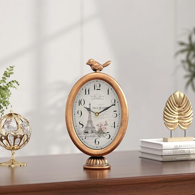 Vintage Table Clock with Bird, Desk and Shelf Decor Clock, French Paris Style, Antique Gold Metal Mantel Clocks for Living Room, Farmhouse, Bedroom, Bedside, Gift (10" H x 5.9" W)