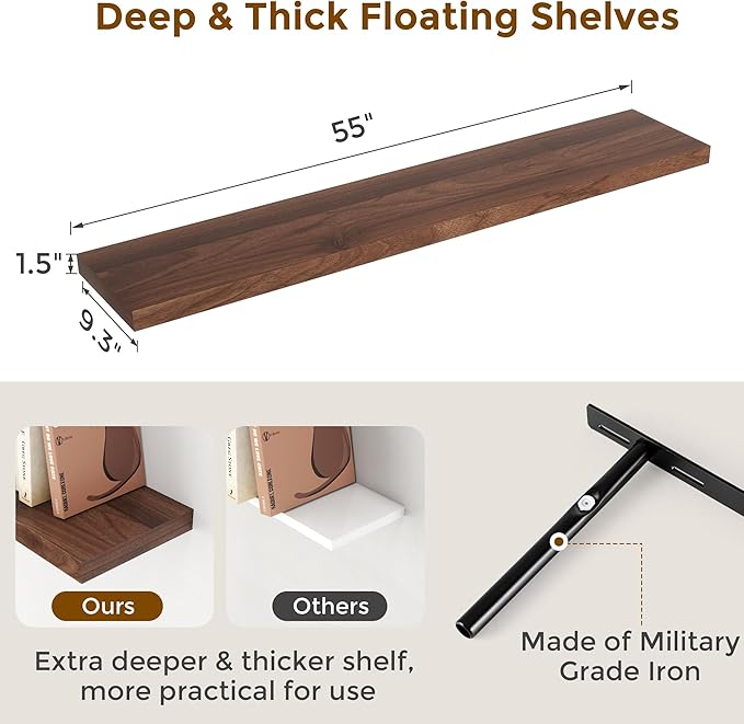 55 Inch Floating Shelves Set of 2, Rustic 55 x 9 Floating Shelf for Wall, 9 Inch Deep Wall Shelves Invisible Bracket, Large Deep Shelving for Bedroom, Kicten, Living Room, Walnut Color