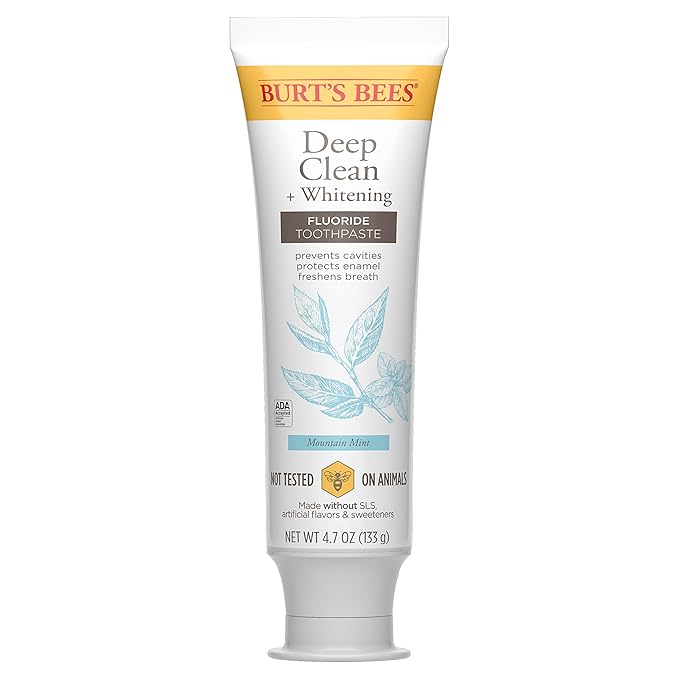 Burt's Bees Toothpaste, Natural Flavor, Fluoride Toothpaste Deep Clean + Whitening, Mountain Mint, 4.7 oz each , (Pack of 3)