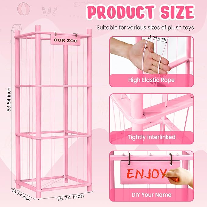 Stuffed Animal Storage & Organizer, Wooden Cute Zoo Toy Holder for Toddler Rooms, Playrooms & Bedrooms（Pink）