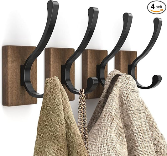 Wood Wall Hooks for Hanging - 4 Pack Hooks Wall Mounted, Wooden Rustic Farmhouse Heavy Duty Towel Hooks, Hooks for Coats, Towel, Hat, Keys, Purse, Bag and Robe