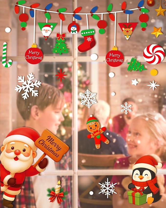 Christmas Window Clings - 9 Sheets 162 Pcs Cute Xmas Decorations for Winter Holiday Home Party Santa Reindeer Snowman Gingerbread Snowflake Stickers for Glass Double-Sided Static Window Decals