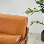 Glitzhome 2 Set Mid Century Yellowish Brown Accent Armchair, Single Reading Armchair PU Leather Lounge Chair with Walnut Ruberwood Frame