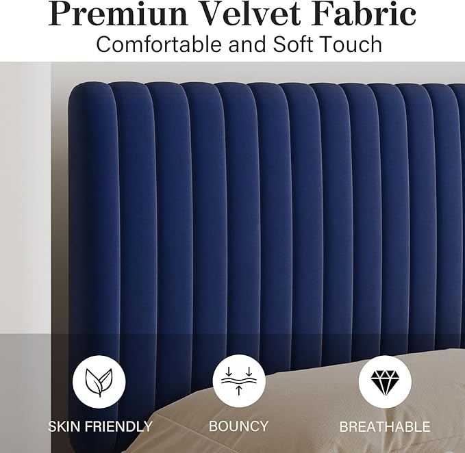 King Size Bed Frame and Headboard, Velvet Upholstered Platform Bed with Vertical Channel Tufted Headboard and Footboard, No Box Spring Required, Easy Assembly, Blue