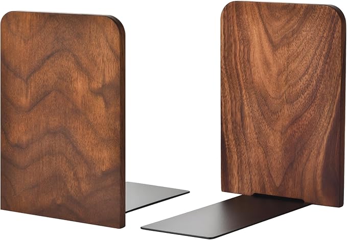 Book Ends, Black Walnut Wooden Bookends for Shelves - Heavy Duty Non-Slip Book Organizers, Upgraded Large Decorative Bookend Holders for Home, Kitchen, Office, Set of 2, Large