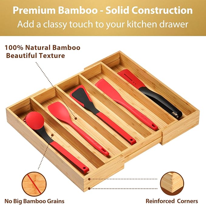 Umilife Expandable Kitchen Drawer Organizer, 2.5" High Bamboo Utensils Silverware Tray, Adjustable Large Deep Wood Organization Holder
