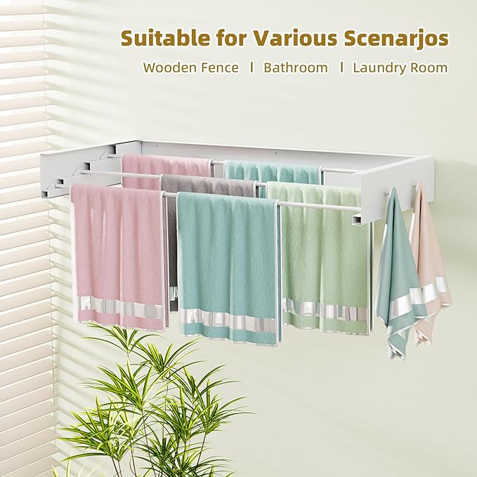 Wall Mounted Drying Rack for Laundry 19.8'', Folding Drying Rack Clothing Wall Mount with 3 Rods and 4 Hooks, Space Saving for Indoor Outdoor Bathroom Balcony (White, 19.8'')