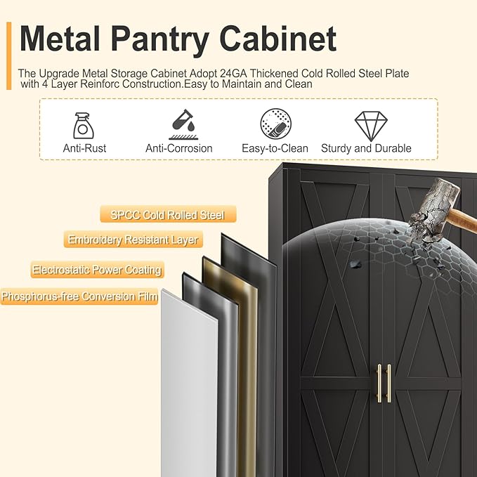75" Tall Metal Kitchen Pantry Storage Cabinet, Freestanding Cupboard with 2 Doors and 5 Adjustable Shelves, Standing Storage for Kitchen, Bathroom, Garage, Dinning Room or Utility Room（Black）