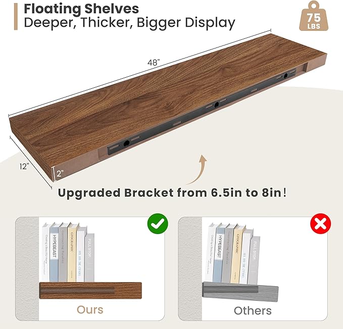 Heimlove 12 Inch Deep Floating Shelves, 48 x 12 inches Long Wall Shelf, Large Display Shelf & Storage Shelf, Rustic Wood Wall Shelves for Fireplace Mantel, Set of 2(Walnut)