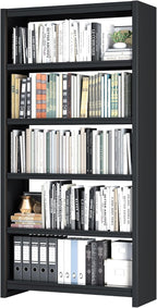 Bookshelf, 5 Shelf Bookcases, Tall Bookcase for Heavy Books, CDs, Movies, Garage Kit, Modern Display Shelf for Library Home Office Bderoom Living Room, Metal Bookshelves Industrial Black