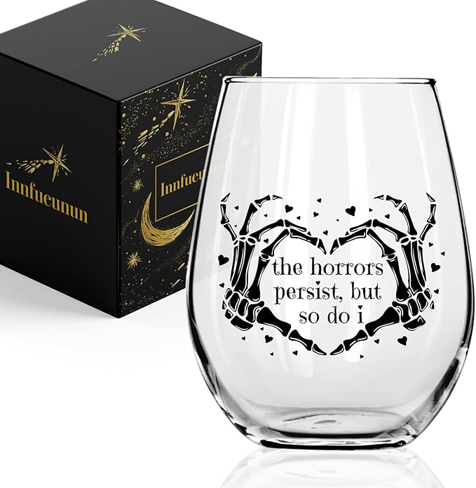 The Horrors Persist But So Do I Wine Glass,Skeleton Heart Hands,Funny Halloween&Valentine's Day Wine Glass,15oz