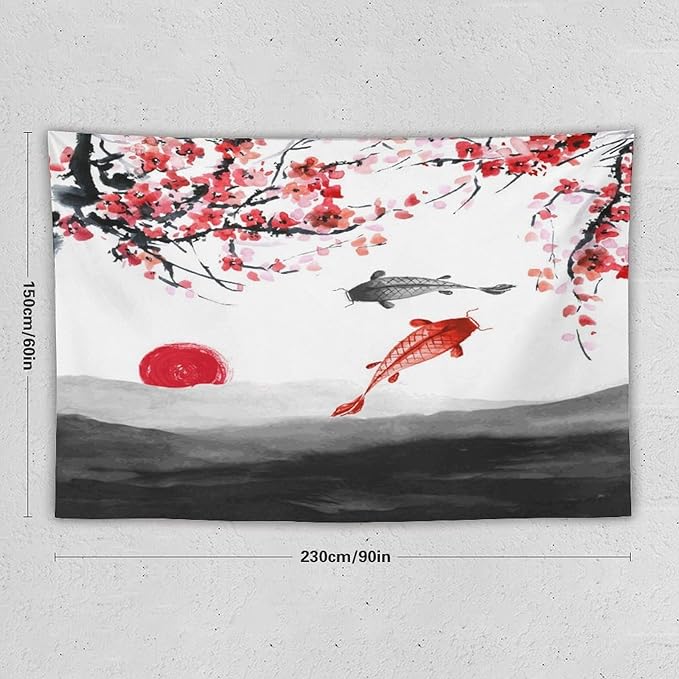 Houselerax Japanese Koi Fish Tapestries, Cherry Blossoms Asian Oriental Flower Branch Koi Fish Carp Tapestry Wall Hanging for Bedroom Living Room Office Decor 90"x60"