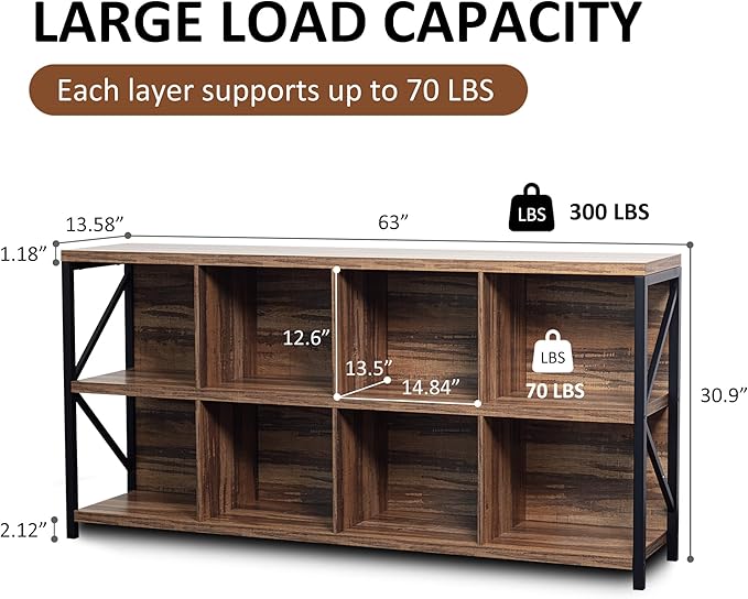 8 Cube Storage Organizer Bookshelf, Industrial Horizontal Bookcase, Accent Cubby Shelf, Media Console Table for Living Room, Home Office, 63 Inches, Light Oak