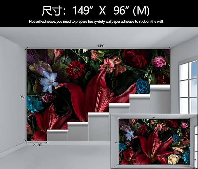 Large Dark Floral Wallpaper Colorful Spring Flowers Background Wall Mural (Not Peel and Stick)