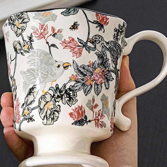 360ml -12.17oz Painted Floral & Bird Ceramic Mug - Cute Coffee Cup for Latte, Espresso - Gift for Women, Dishwasher Safe