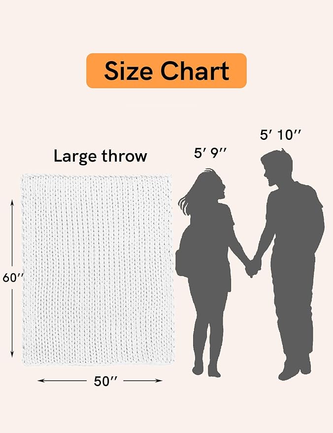 YnM Chunky Throw Blanket, Medium-Weight, Hand Knitted with Chenielle Yarn, Skin Friendly, Ventilated and Breathable, Machine Washable, Home Décor Piece for Couch, Sofa and Bed (White, 50x60 Inch)