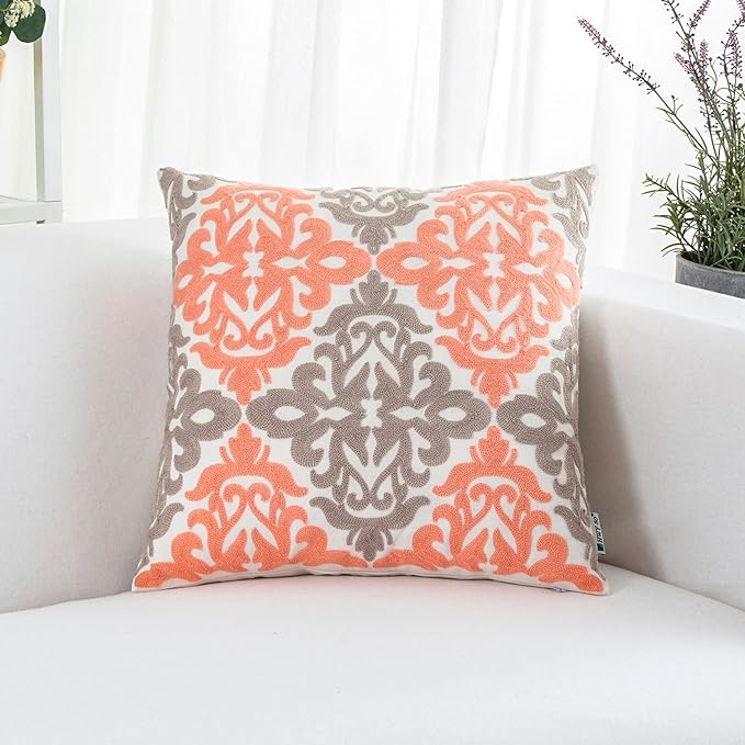 HWY 50 Coral Pink Decorative Throw Pillow Covers 18x18 Inch (1 Piece), Embroidered Cotton Farmhouse Cushion Cover Pillow Case for Sofa Couch Living Room Bed Bedroon, Floral Geometric