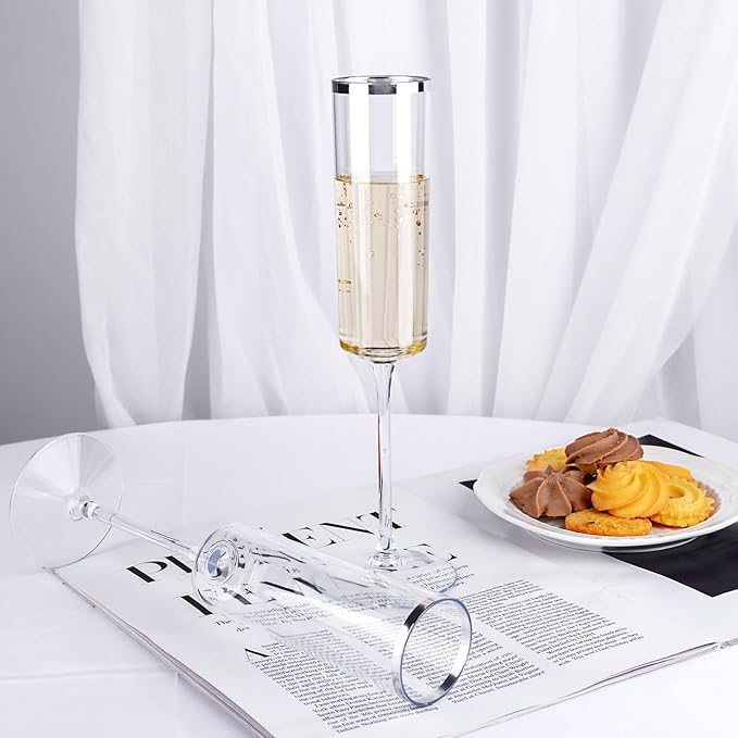 Ciaell 24 Pack Silver Plastic Champagne Flutes - 6 Oz Disposable Champagne Glasses - Square Silver Rim Plastic Toasting Glasses for Party Birthday Anniversary Wedding