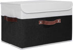 ANMINY Storage Boxes with Lids Washable Decorative Storage Bins Basket with PU Leather Handle Foldable Linen Fabric Storage Cubes Containers for Home Closet Organizer - Black White, Large Size