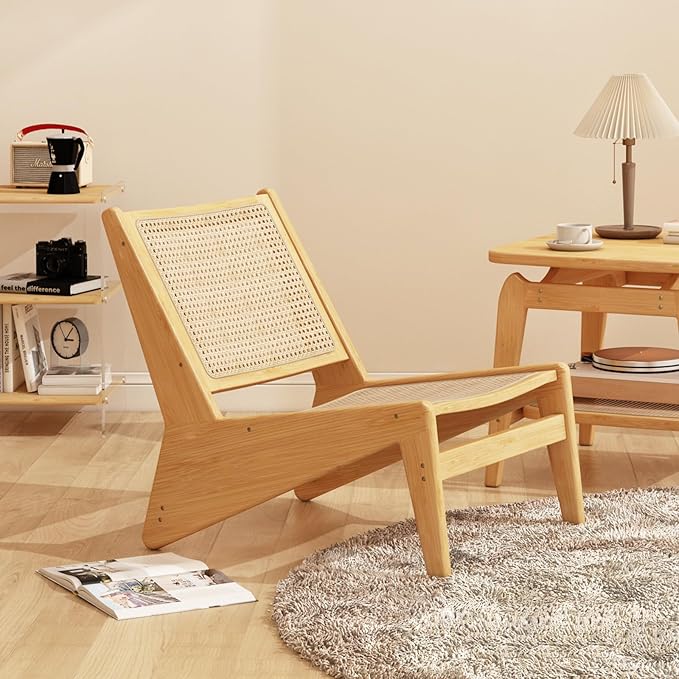 Rattan Accent Chair for Living Room, Mid Century Side Chair, Comfy Bamboo Chairs for Bedroom Reading Room, Wood
