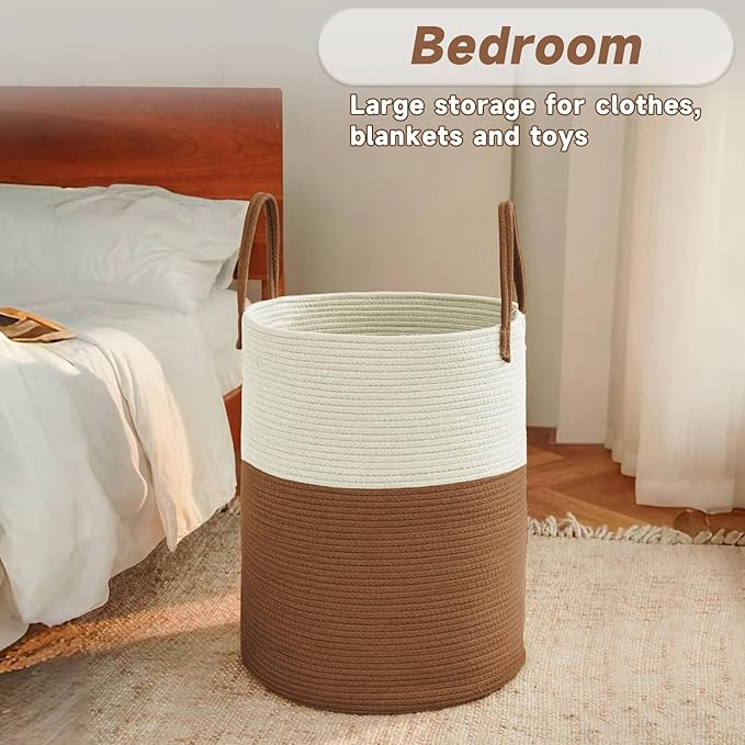 Large Woven Laundry Basket Hamper,80L Cotton Rope Storage Bin for Blankets,Toys and Clothes,Decorative Tall Nursery Hamper for Living Room,Baby Nursery,Bathroom and Bedroom,White and Brown