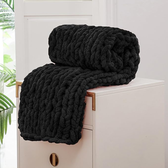 WESHIONGOO Chunky Knit Blanket Throw 40"*40" Knitted Throw Blankets for Couch Bed Fluffy Soft Blanket with Jumbo Chenille Yarn Thick 100% Handmade(Black)