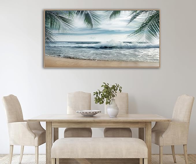 Framed Tropical Beach Wall Art - Ocean Waves Canvas Pictures Coastal Blue Sky and Sea Print Seaside Palm Tree Leaves Scene Painting Artwork Living Room Bedroom Office Home Decor 29" x 58"