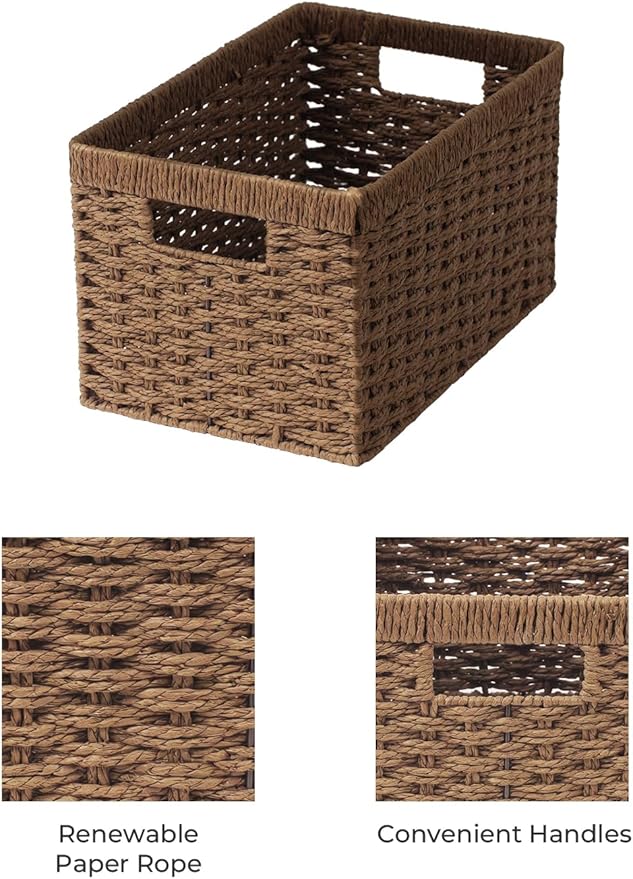 StorageWorks Round Paper Rope Storage Baskets, Rectangular Wicker Baskets with Built-in Handles, Medium, 2-Pack