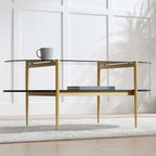 Oval Glass Coffee Table, Mid-Century Modern Design, L41 x W21 x H17 inch, for Living Room, Grey Glass Top, Black Marble Finish Wood Shelf & Gold Finish Frame