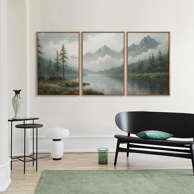 SIGNINART Large Misty Mountain Framed Canvas Wall Art, Green Forest River Scenery Wall Decor, Modern Foggy Wooden Landscape Artwork, Oil Style Nature Art Print for Living Room Bedroom Office 24"x36"x3