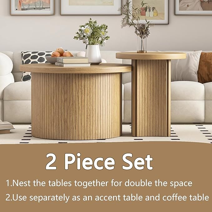 Set of 2 Nesting Coffee Tables Farmhouse,Round Coffee Table Living Room,Wood Finish Coffee Table Set, Small Coffee Tables, Sofa Side Living Room Bedroom Coffee Side Table (Large Size - Set)