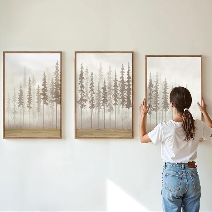 SIGNINART Large Pine Tree Framed Canvas Wall Art Set, Foggy Forest Landscape Wall Decor, Modern Beige Nature Artwork, Misty Forest Wall Painting for Living Room, Bedroom,Office 16 x24 x3