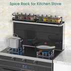 LUCYCAZ 2 Pack Wall Mounted Spice Rack with 16 Hooks, Spice Organizer Shelf for Stove Cabinet Pantry Door,Screw or Adhesive Spice Shelf Hanging Wall Spice Rack in Kitchen and RV (Black, 2 PACK)