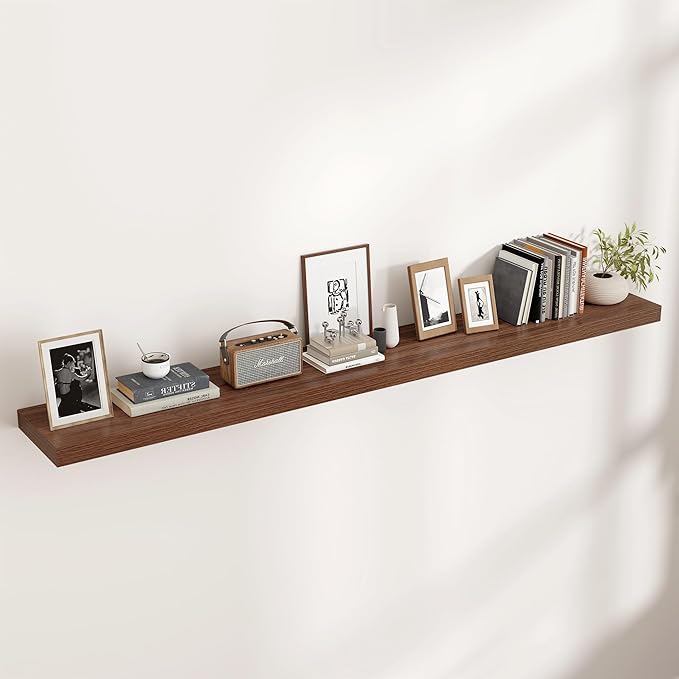 Floating Shelves for Wall, Large Wall Mounted Shelves with Invisible Brackets, Long Wood Floating Shelf for Living Room, Bedroom, Kitchen, (Walnut, 72" W x 9" D x 1.5" H)