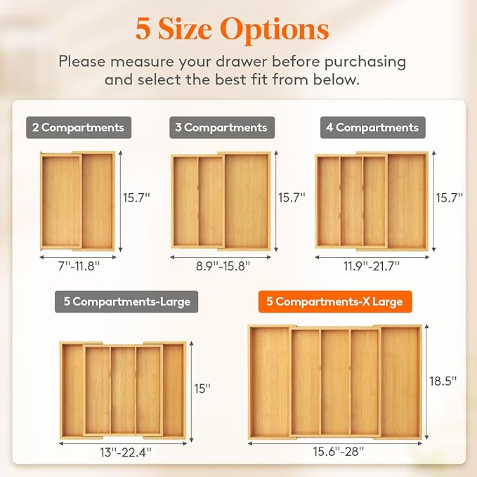 Lifewit Utensil Organizer for Kitchen Drawer, Expandable Cooking Utensil Tray, Bamboo Cutlery Silverware Flatware Holder, Adjustable Spatula Tools Gadget Storage Divider, 28 x18.5 x 2 inches, Natural