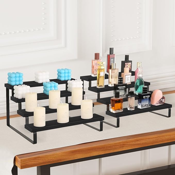 YINMIT Wooden Display Riser Stand, Tiered Perfume and Cologne Organizer Stand, 4 Tier Spice Rack Organizer, Rustic Display Shelf for Candles (4 Tier,2Pack,Black)