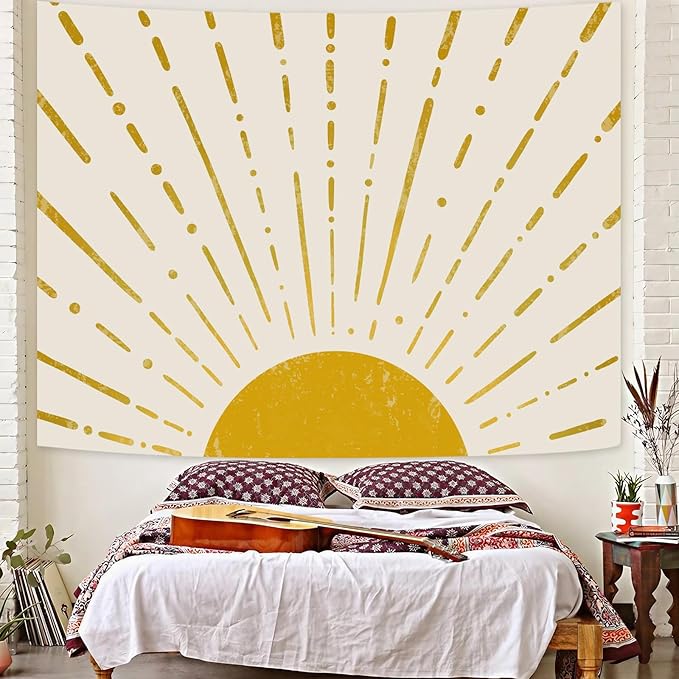 Kanuyee Gold Boho Burning Sun Tapestry Wall Hanging, Retro 70s Abstract Vintage Geometric Line Sunrise Tapestries for Bedroom Living Room Backdrop 60×80 inch