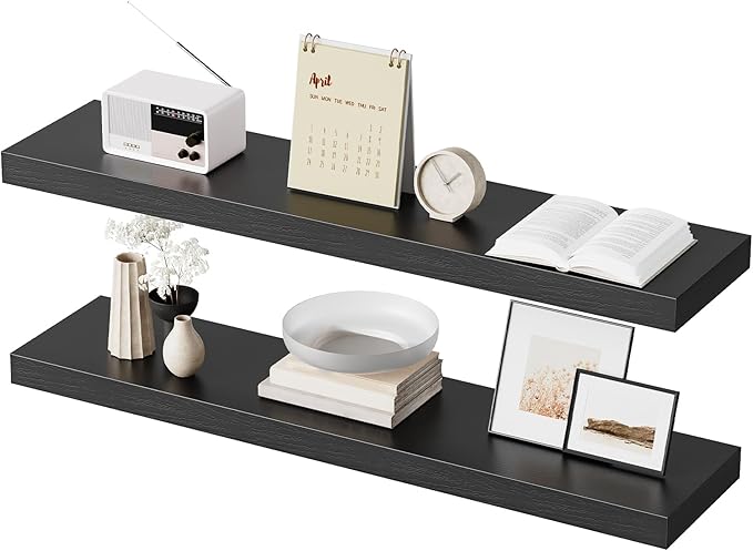 HOOBRO Floating Shelves for Wall, Wall Mounted Shelf Set of 2, 39.4" Hanging Shelf with Invisible Brackets, for Wall in Bathroom, Bedroom, Toilet, Kitchen, Livingroom, Office, Black BK100BJP201