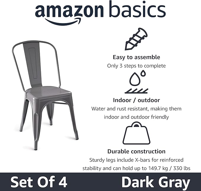Amazon Basics Metal Dining Chairs, 4 Count, Dark Grey, 20.1 x 17.1 x 33.5 inches