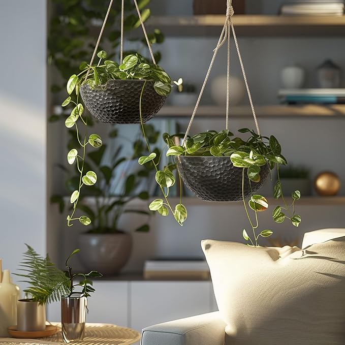 LA JOLIE MUSE Hanging Planters for Indoor Plants, Medium Hanging Planters with Drain Holes, Outdoor Hanging Flower Pots, Matte Black, Honeycomb (10 Inch, Set of 2)