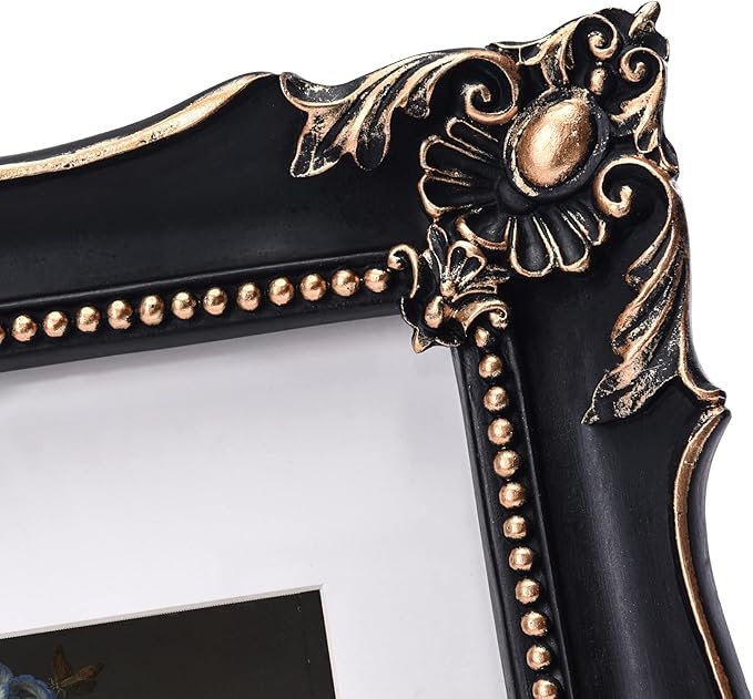 11x14 Vintage Picture Frame with Embossed Flower Design, Black Ornate Frame for 11x14 or 8x10 Pictures with White Mat, Home Decor (Black, 8x10)