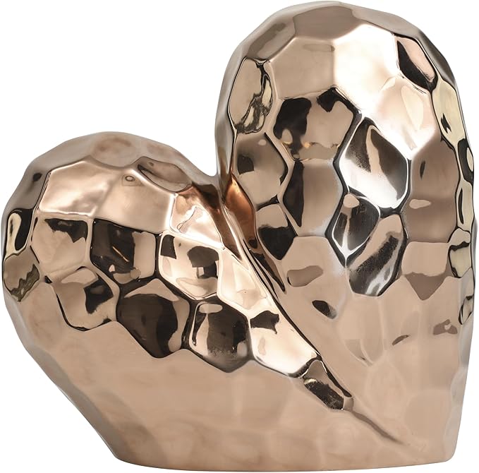 Deco 79 Ceramic Heart Decorative Sculpture Dimensional Angled Origami Inspired Home Decor Statue with Faceted Exterior, Accent Figurine 12" x 6" x 11", Rose Gold