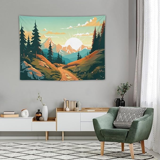 HZOHNAGO Mountain Tapestry Forest Mountain Sunrise Road Pattern Printed Wall Tapestry Wall Hanging for Bedroom Living Room Dorm 40" W x 30" H