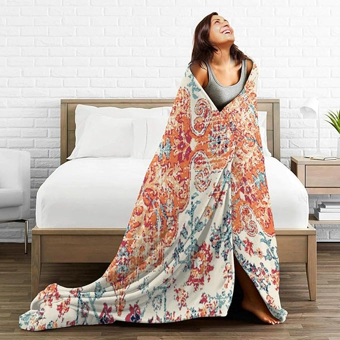 HGOD DESIGNS Carpet Pattern Throw Blanket Boho Style Ethnic Design Orange Blue Soft Blankets and Throws 50x60 Inch Caring for Women Men (130x150cm)