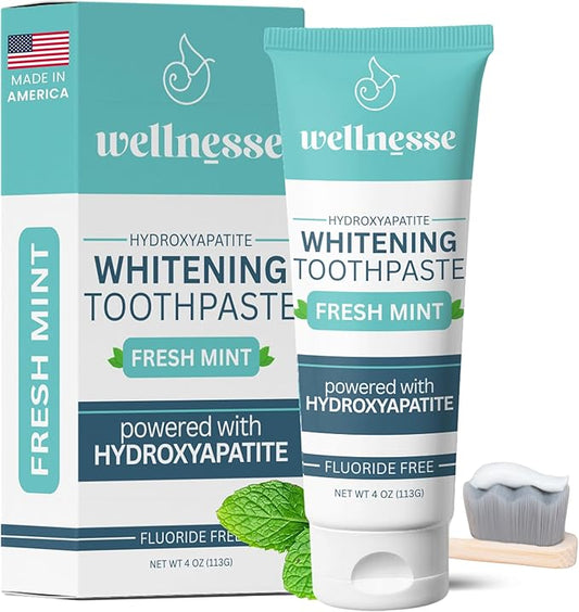 Wellnesse Whitening Hydroxyapatite Toothpaste with Xylitol, Natural Fluoride-Free Teeth Whitening Toothpaste for Adults, Strengthens Enamel, Supports Gum Health, Fresh Mint Flavor, 4 oz (Pack of 1)