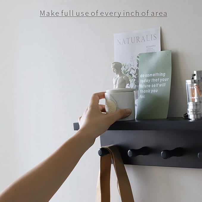 Entrance Coat Rack ，Coat Hooks, Wall-Mounted Wooden Hook Rack, Wall-Mounted Shelves are Very Suitable (Black Finish-1)