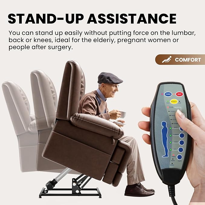 Large Dual Motor Power Lift Recliner Chair with Massage and Heat for Elderly People, Infinite Position,USB Ports and Remote Control,Breathable Leather (Red Brown)