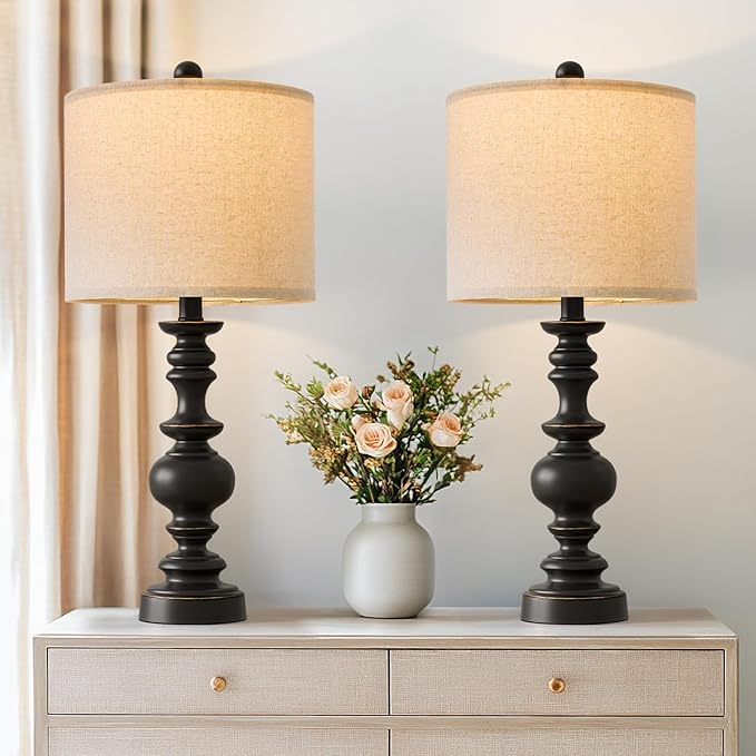 BOBOMOMO 24" Traditional Farmhouse Table Lamp Set of 2, Vintage Resin Lamps for Living Room Bedroom, Rustic Nightstand Lamp with Linen Shades, Retro Black Table Lamps for Living Room, Bedroom, Office